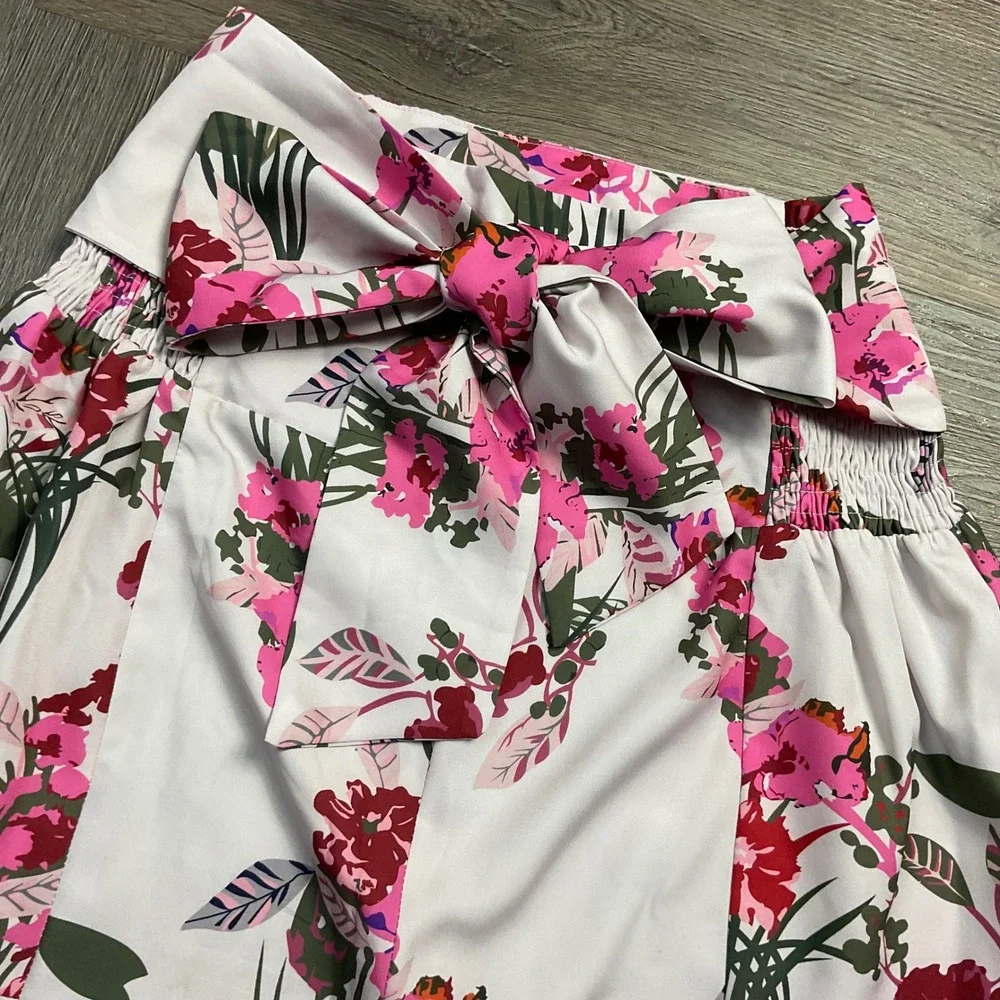 Floral Wide Leg Palazzo Tiered Rose Ruffle High Waist Pants Small White Pink Red